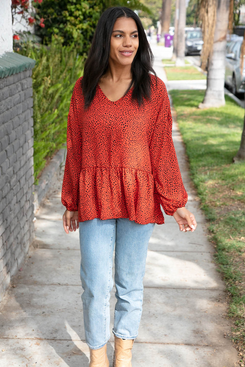 Rust Leopard Wool Dobby Woven Knit Top