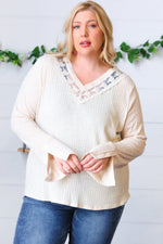 Cream Rib Lace V Neck Button Detail Top