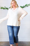 Cream Rib Lace V Neck Button Detail Top