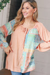 Peach & Mint Floral Color Block Raglan Peasant Top