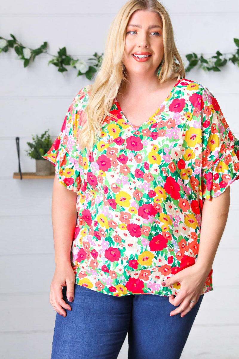 Red Flat Floral Pring Dolman Ruffle Frill Sleeve Blouse