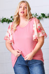 Mauve Rib Floral Chiffon Flutter Sleeve Knit Top