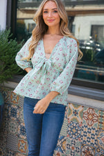 Mint Crepe Seersucker Floral Knotted Woven Blouse