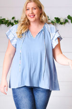 Blue Floral & Stripe V Neck Tie Double Flutter Sleeve Top