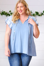 Blue Floral & Stripe V Neck Tie Double Flutter Sleeve Top