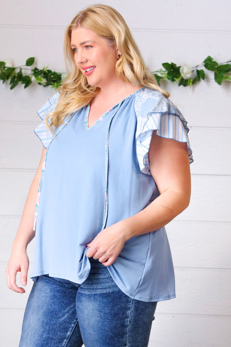 Blue Floral & Stripe V Neck Tie Double Flutter Sleeve Top