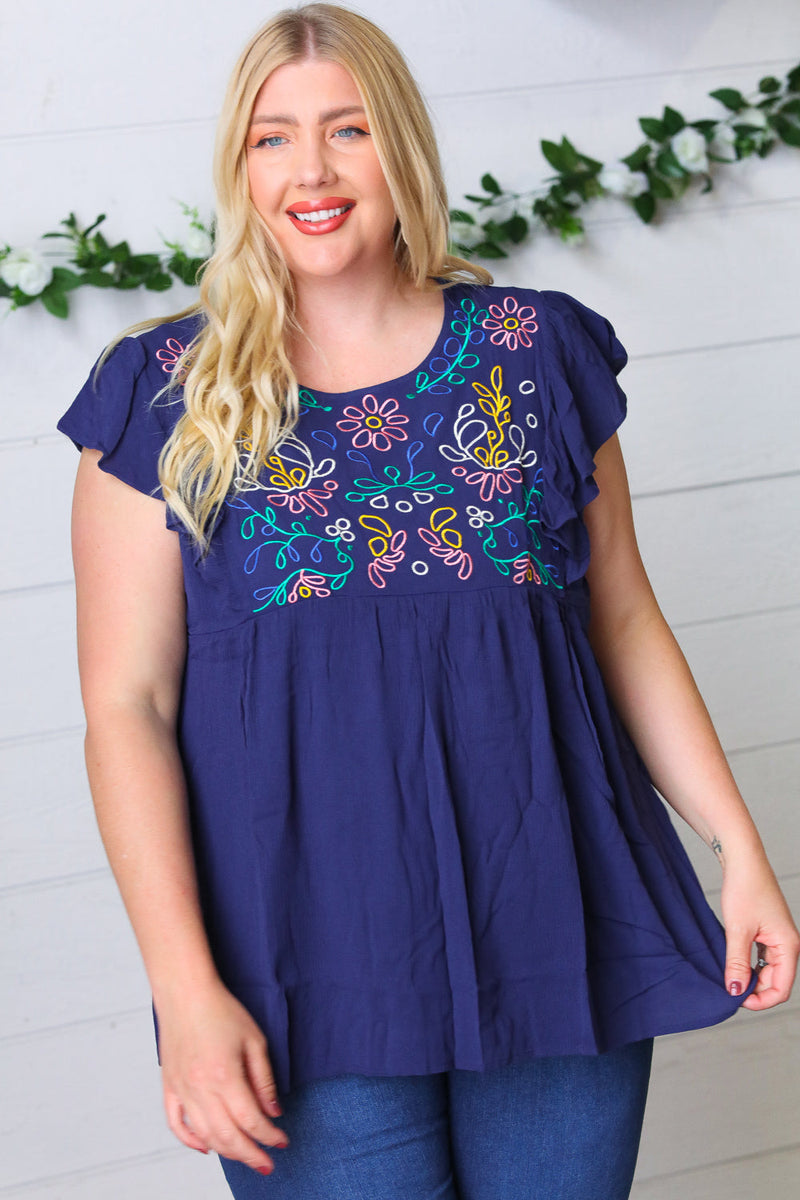 Navy Floral Embroidered Flutter Sleeve Top