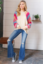 Oatmeal Brushed Hacci Multi Color Stripe Raglan Top