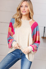 Oatmeal Brushed Hacci Multi Color Stripe Raglan Top