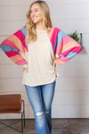 Oatmeal Brushed Hacci Multi Color Stripe Raglan Top