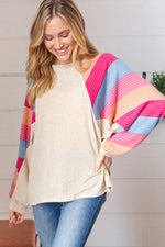 Oatmeal Brushed Hacci Multi Color Stripe Raglan Top