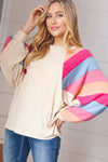 Oatmeal Brushed Hacci Multi Color Stripe Raglan Top