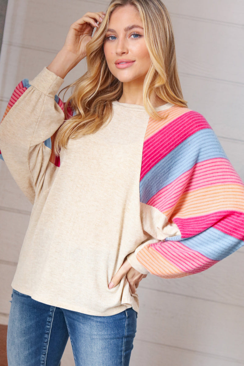 Oatmeal Brushed Hacci Multi Color Stripe Raglan Top