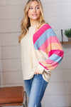 Oatmeal Brushed Hacci Multi Color Stripe Raglan Top