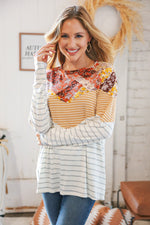 Mustard Two-Tone Chevron Stripe & Floral Patchwork Top