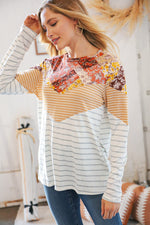 Mustard Two-Tone Chevron Stripe & Floral Patchwork Top