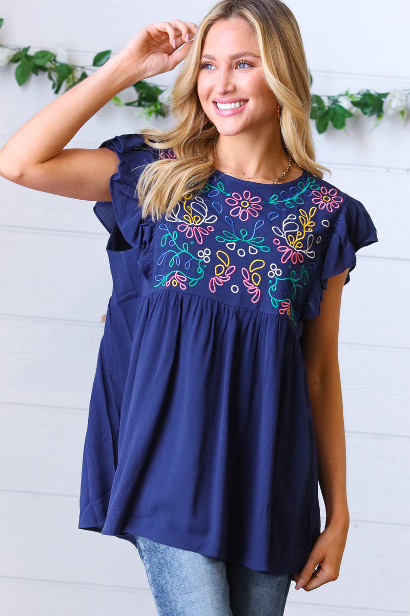 Navy Floral Embroidered Flutter Sleeve Top