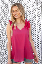 Fuchsia Frill Shoulder Sleeveless Crepe Woven Top