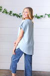 Ash Blue Wool Dobby Rolled Sleeve V Neck Top