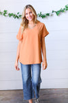 Spice Wool Dobby Rolled Sleeve V Neck Top