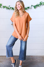 Spice Wool Dobby Rolled Sleeve V Neck Top