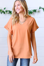 Spice Wool Dobby Rolled Sleeve V Neck Top