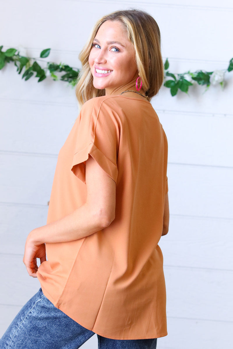 Spice Wool Dobby Rolled Sleeve V Neck Top