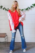 Red Chiffon Foiled Floral Thread Ruffle Sleeve Blouse