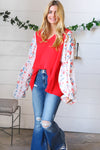 Red Chiffon Foiled Floral Thread Ruffle Sleeve Blouse