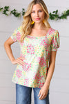 Canary/Mint Floral Square Neck Bubble Sleeve Top