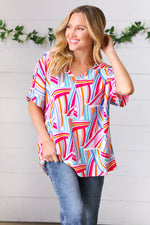 Blue & Fuchsia Geometric Print Woven Top