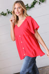 Cherry Red Babydoll Button Down Raglan Woven Top