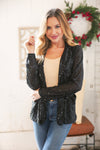 Black Sequin Lapel Collar Pocketed Holiday Jacket