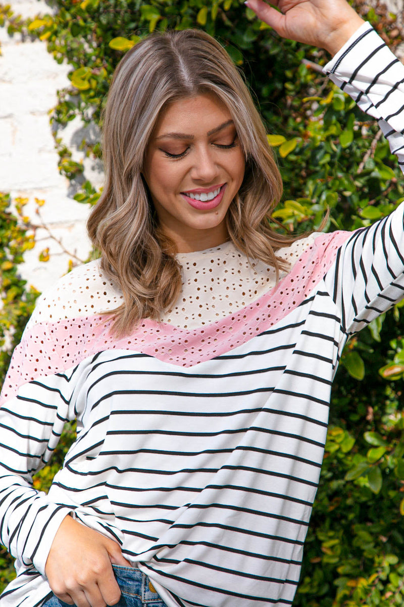 Ivory Multi Stripe Eyelet Chevron Color Block Top