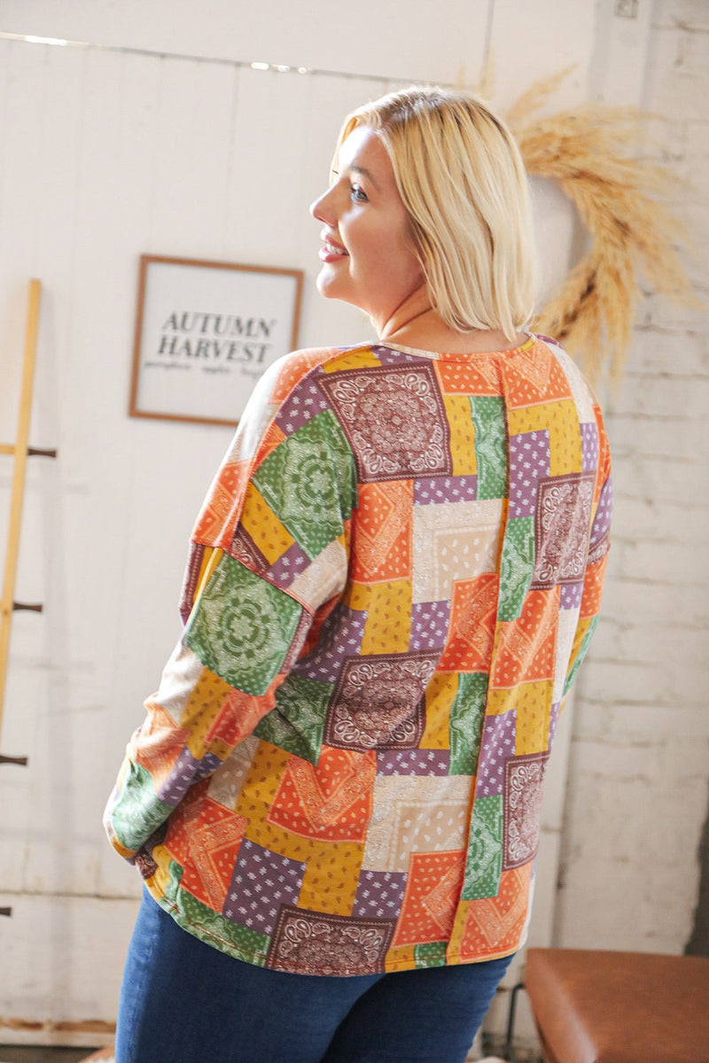 Multicolor Patchwork Button Down Terry Outseam Top